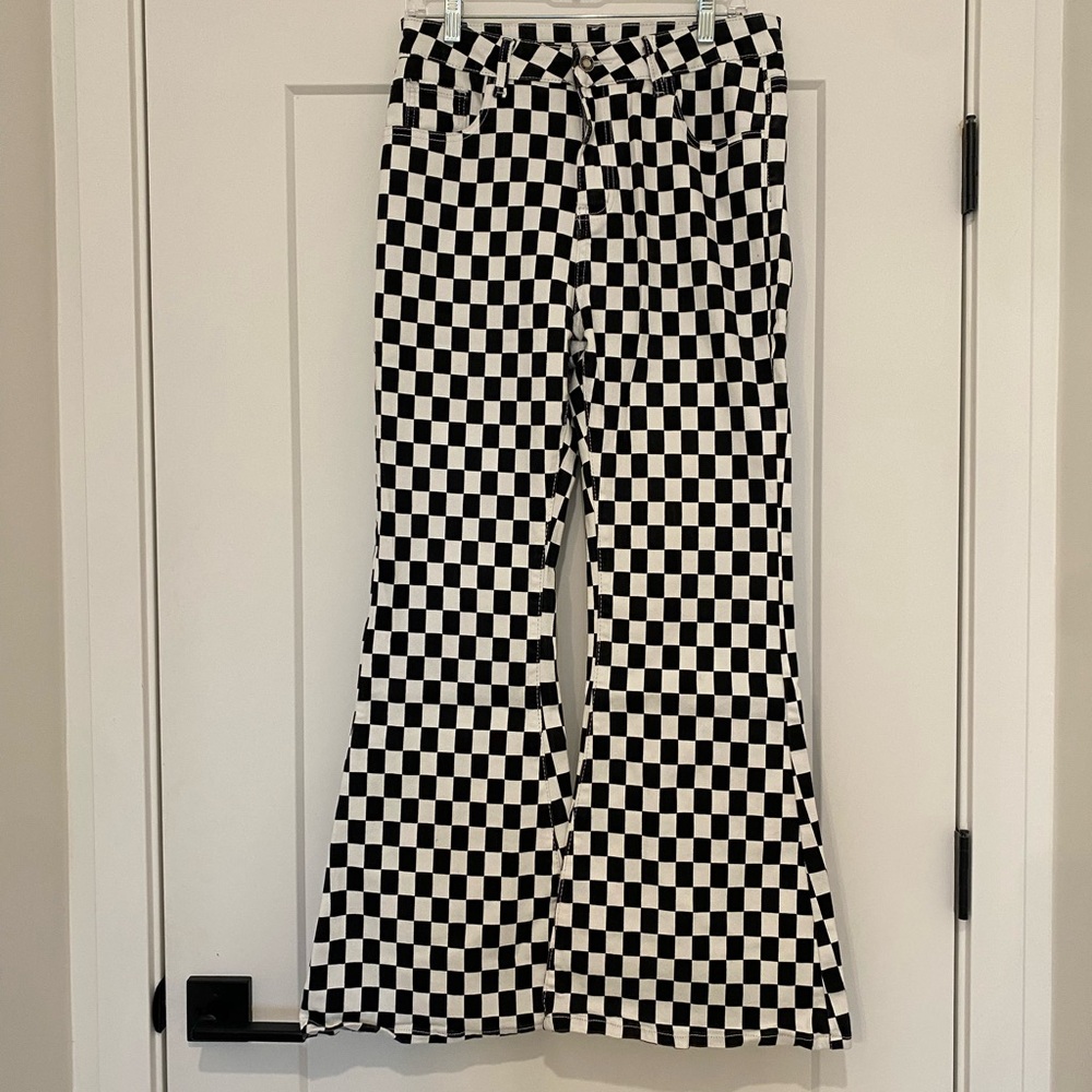 Black and White Checkerboard Flared Pants